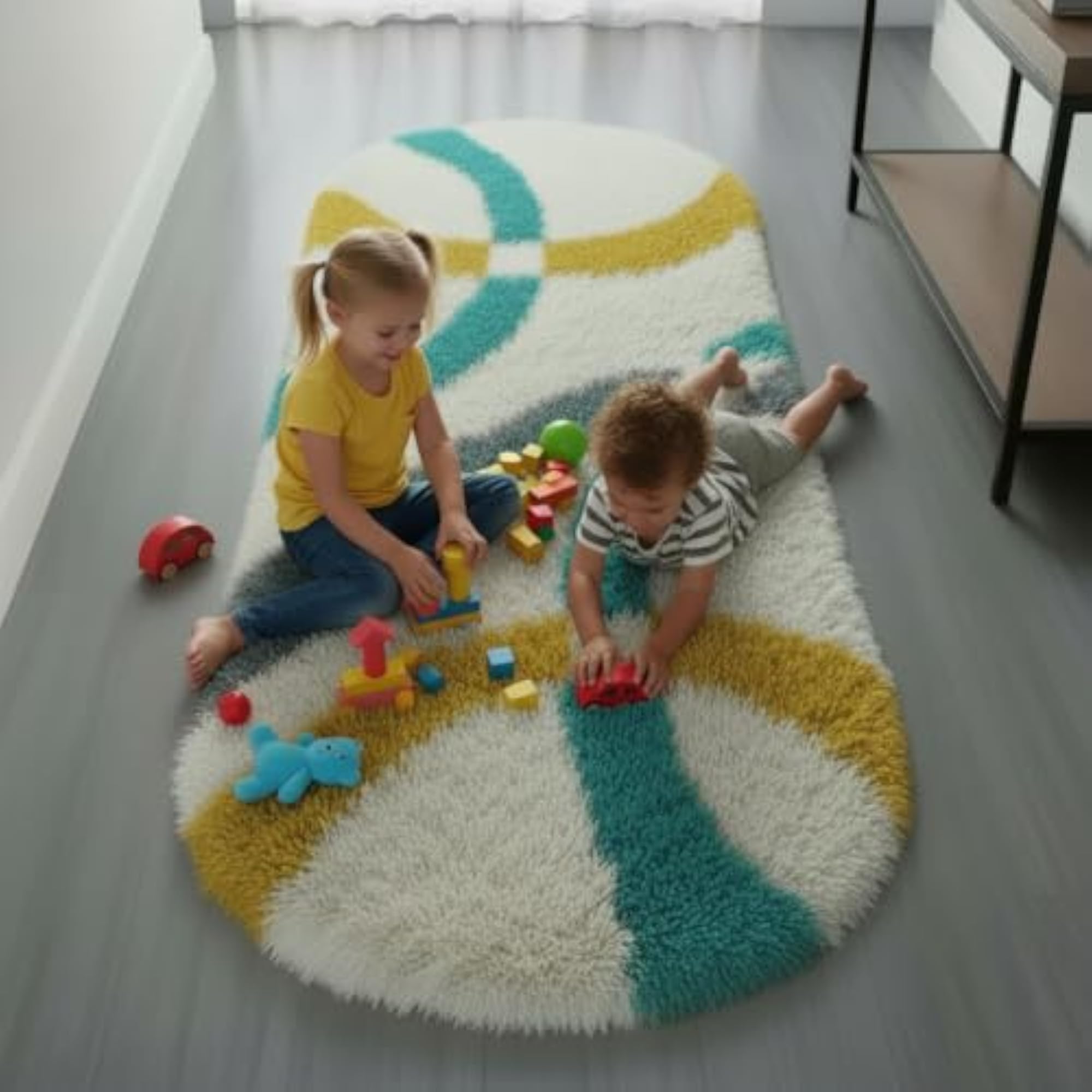 Oval Soft Shaggy Carpet Runner, Geometric Lines