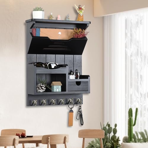 DOPACE-Handcrafted-Pine-Wood-Mail-Organizer-Key-Holder-Black-Hand-polished-natural-pine-wood-with-storage-drawer-6-hooks-Fine-spray-paint-finish-Easy-wall-mount