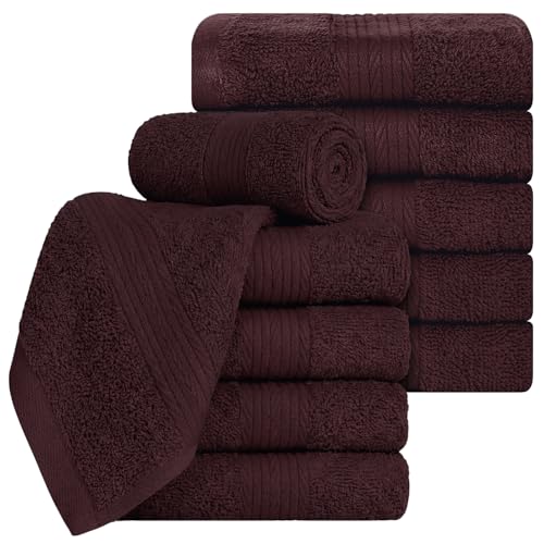 Ample Decor 100% Cotton Washcloths 12x12 Inches, 600 GSM, Soft & Absorbent, Durable, Set of 10, Brown