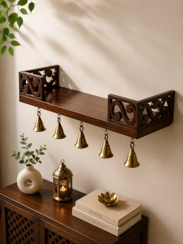 Wooden Wall Temple Shelf with Bells for Home, Mandir Wall Shelf, ...