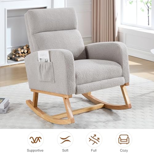 Image of HCHAIRH Rocking Chair Nursery with Foot Rest, Teddy Nursing Rocking Chairs for Mom Nursery, Rocker Glider Chair with Footrest for Living Room, Bedroom, Light Gray