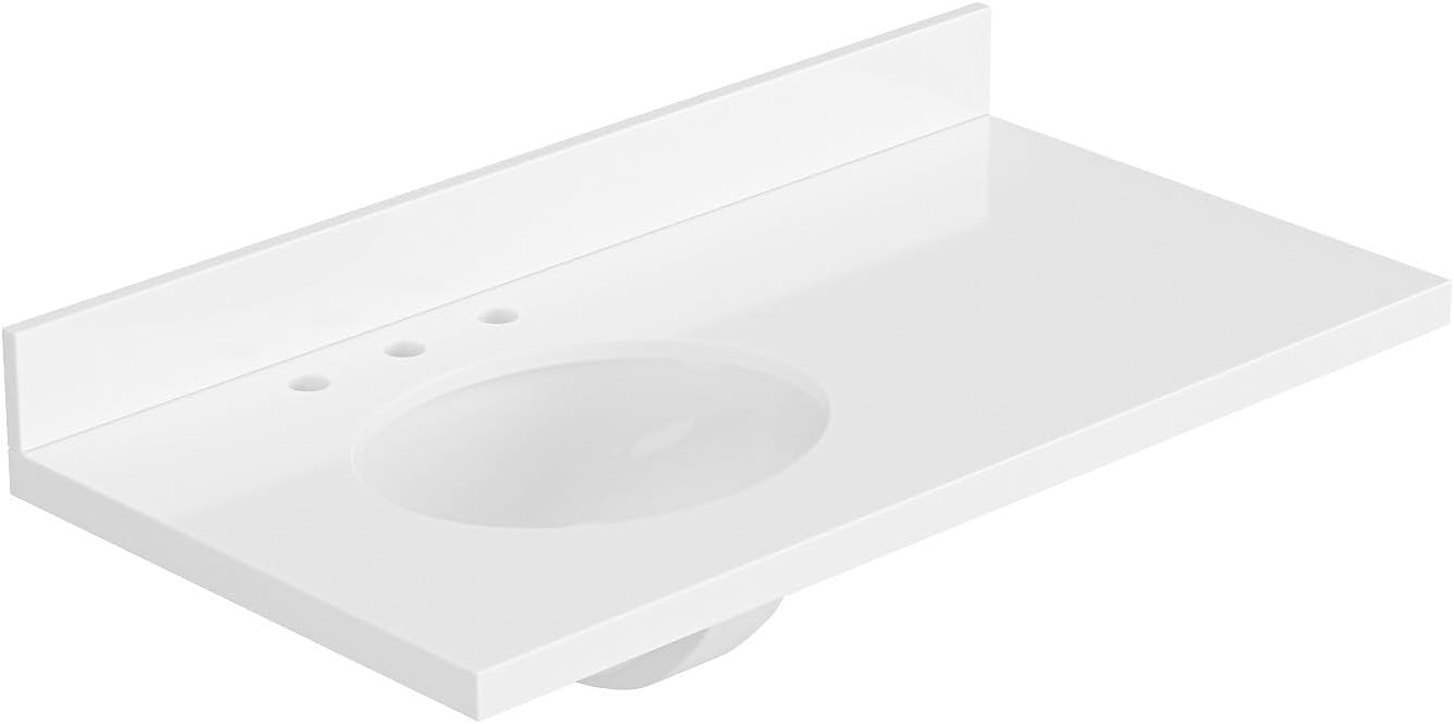 ARIEL 43 inch Bathroom Vanity top with Sink, 1.5 Inch Thick Miter Edge White Quartz top, Left Offset Vanity top with Oval Porcelain Sink, Includes Backsplash