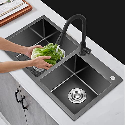 Black Double Bowl Bar Sink, Stainless Steel 32.3 X 17.7 Drop In Topmount Kitchen Sink Nice Kitchen Sink Combo-Storage Organizer, Faucet Sprayer, Drain Strainer Set For Modern Kitchen Sink #TOP6