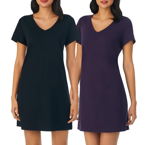 Image of Nautica Womens Sleep Shirt Dress - Cotton Knit Jersey V-Neck Pajama Top - Lightweight & Breathable Sleepwear Loungewear