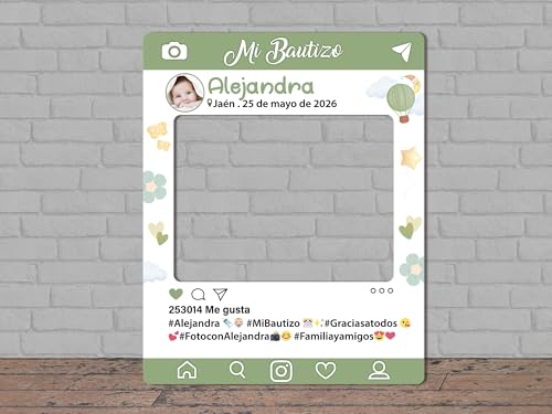 Oedim Photocall en Cartón Instagram Bautizo Verde, 100x80cm + Atrezzos, Photocall Decorativo para Eventos o Celebraciones puntuales