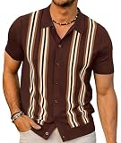 PJ PAUL JONES Men's 1970s Vintage Shirts Short Sleeve Button Up 2024 Fashion Classic Knitted Italian Mens 70s Shirt Dark Coffee XL