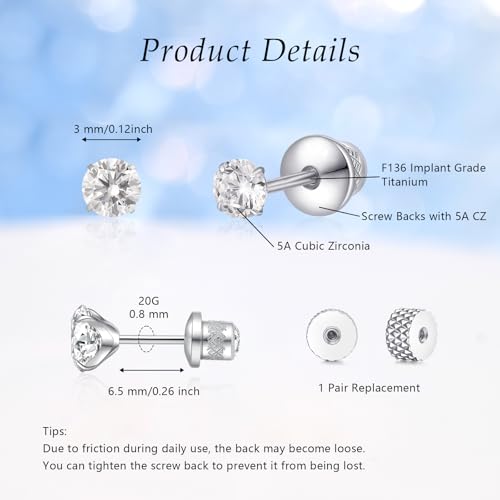 Limerencia Small G23 Titanium Earrings Screw Backs Double Sided White Cubic Zirconia Studs 20G Hypoallergenic Piercing Post Studs for Sensitive Ears3