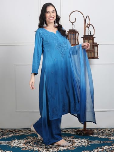 Image of Women's Lucknowi Chikankari Hand-Embroidered Rayon Dyed Kurta, Palazzo & Dupatta 3-Piece Set | Festive, Ethnic & Casual Suit