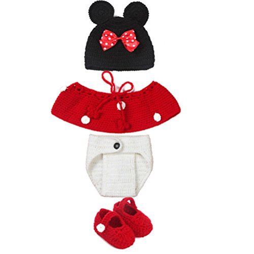 BLUETOP Cute Newborn Photography Outfits Boys Girls Baby Costume Set, Red Polka Dot Dress Photo Prop Outfit Clothes Knit Crochet Photography Infant Cute Handmade Costume Hat Cap