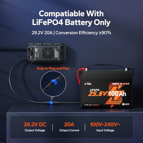 Image of LiTime 24V 20A LiFePO4 Battery Charger, IP67 Waterproof 24V Lithium Battery Charger with Battery Activation, Smart 3-Stage Charger for RV, Marine, Trolling Motor & Off-Grid