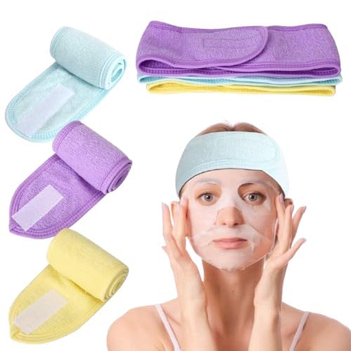 Image of 3 Pcs - Spa Facial Headband for Women Makeup Head Wrap Towel Terry Cloth Sport Headband | Non-Slip Stretchable Adjustble Elastic Polycotton Facial Band for Shower, Yoga, Gym (Multicolor)
