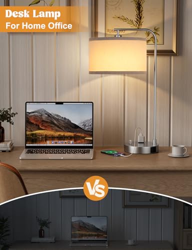 Innqoo Gray Side Table Lamp with USB Port and Outlet, Dimmable Nightstand Bedside Lamps with Linen Lampshade, Desk Lamp for Bedroom, Living Room, Guest Room, Home Office, LED Bulb Included — view 4