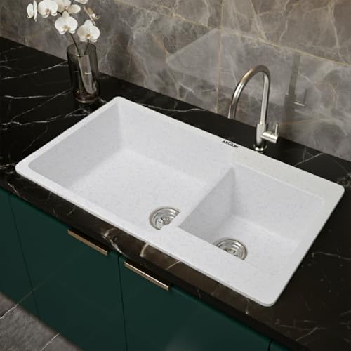 Image of ARQUIN Double Bowl Quartz Kitchen Sink 34x20x9 Inch Sand Pluto| Durable & Scratch-Resistant Sink | Undermount,Topmount | Including Coupling,Sink Connector,Waste Pipe & Fruit Washing Basket