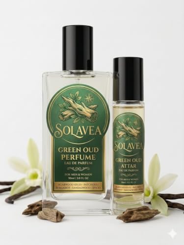 Image of Solavea Green Oud Attar Perfume for Men & Women 50ml|10ml Concentrated Attar Roll-On Long Lasting Alcohol-Free Concentrated Attar | Citrus, Amber, Green Leaves, Rose, Iris, Lily of the Valley, Sandalwood & Musk | Premium Roll-On Fragrance | PREMIUM COMBO PACK