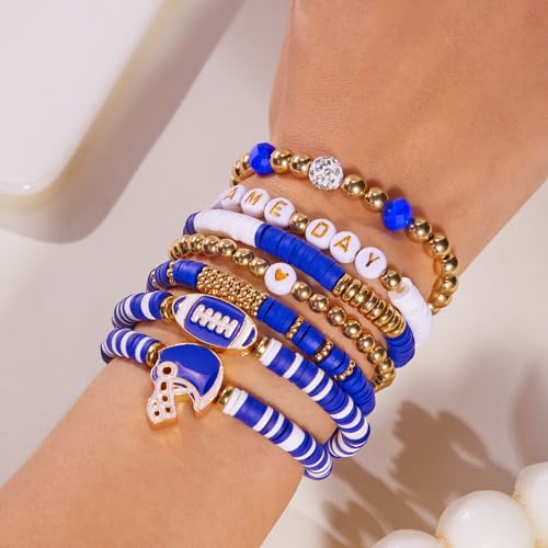 Game Day Bracelets for Women Stackable Clay Beaded Sports Stretch Bracelet Red Blue Heishi Charm Bracelet Bangles Football Fans Jewelry Football Mom Jewelry Accessories 5