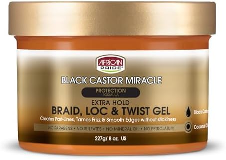 African Pride Black Castor Miracle Extra Hold Braid, Loc, Twist Gel - Extreme Hold Braiding Hair Gel, Edge Control & Tames Frizz, No Flake | Natural Ingredients, Coconut Oil | 8oz