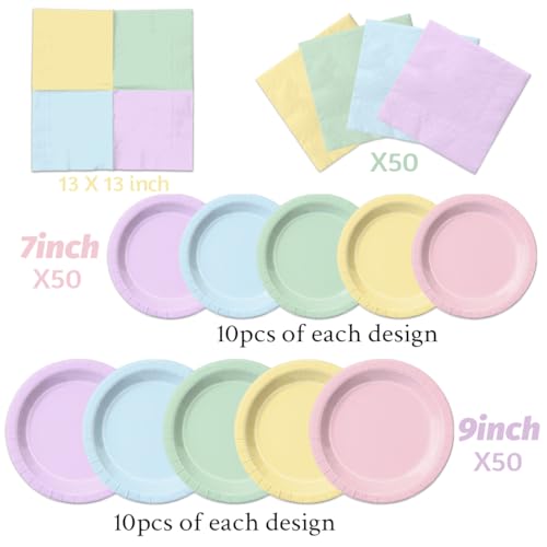 Image of CMUSKO Pastel Party Decorations-150Pcs Rainbow Plates and Napkins Pastel Colorful Tableware Serves 50,for Girl Birthday,Baby Shower,Wedding