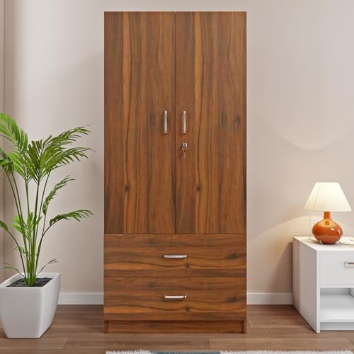 Image of VIKI Wardrobe | Tulum Wardrobe | Wooden Almirah for 2 Door Wardrobe with 2 Drawer & Hanging Space (Brussel Walnut - 40D x 80W x 180.8H) | 1 Year Warranty | Free Assembly