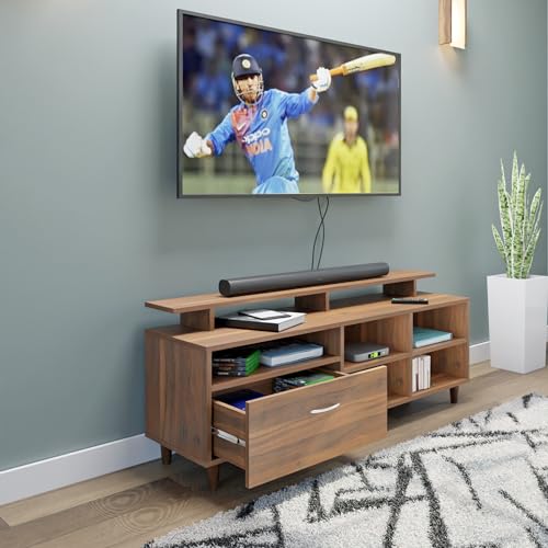 Image of VIKI Modern TV Unit for Living Room | Engineered Wood TV Cabinet with 1 Drawer Storage, 2 Open Shelves & Extension, Entertainment Unit, 140W x 48H x 40D cm | DIY | 1 Year Warranty (Walnut)