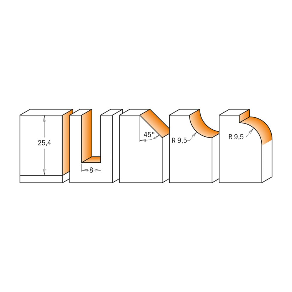 CMT ORANGE TOOLS 900.005.03 - 5-TEILIGES PROFILFRÄSER SET HW S=8mm D=8-12.7-31.7mm R