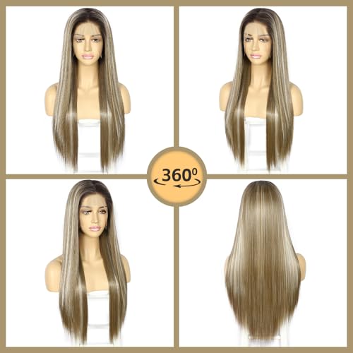 Sapphirewigs 13x6 Straight Lace Front Wigs Brown Long Straight Wig for Women Lace Front Synthetic Hair 150% Density Party Daily Wear Heat Resistant 26inch - Image 4