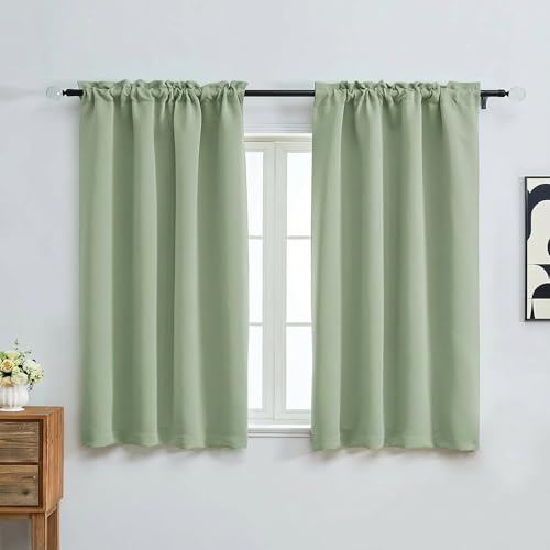 Image of Light Green Short Blackout Curtains for Bedroom 54 Inches Long 2 Panels, Modern Window Treatment Solid Thermal Insulated Curtains for Living Room, Rod Pocket Blackout Drapes, 2x40Wx54L Inches