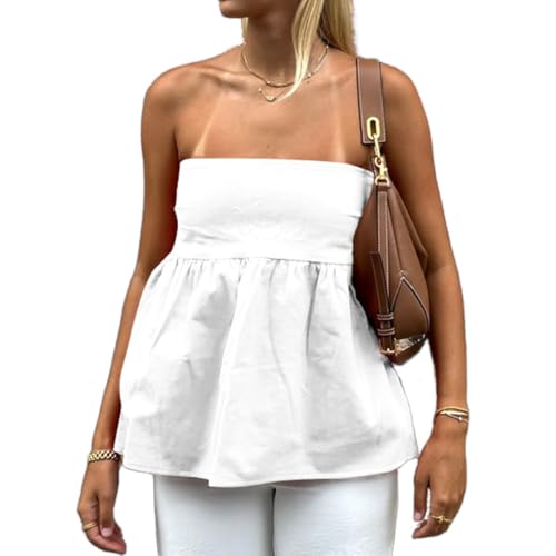 GCZREN Women Y2K Strapless Backless Ruffle Flowy Tube Top Summer Sexy Off Shoulder Pleated Bandeau Going Out Peplum Top White