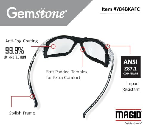 Image of MAGID Gemstone Onyx Foam Lined Safety Glasses, ANSI Z87.1, Removable Foam Seal Blocks Dust & Debris, Anti-Fog UV Protection, Wraparound Gray Lens, Black Frame, 1 Pair, Y84