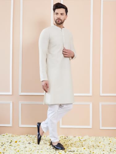 Image of See Designs Men Full Sleeve Sleeve Side Slit Mandarin Collar Cotton Solid Straight Kurta with Pyjama