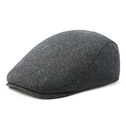 Feinion Men Wool Blend Flat Cap Tweed Newsboy Ivy Hat (Herringbone Grey)