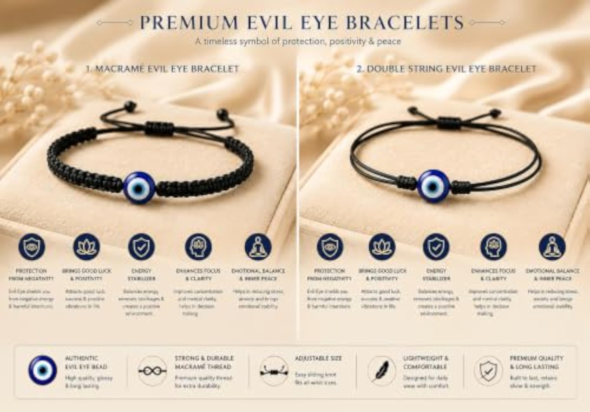 Set of 4 Evil Eye Thread Bracelets for Men, Nazar Charm Protection