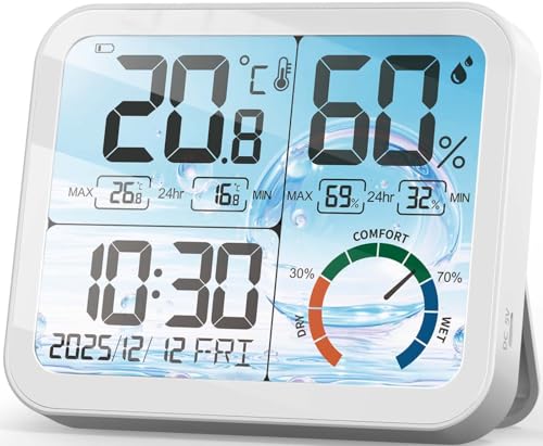 VOCOO 温湿度計時計 14.7cm大型 LCD ディスプレイ 高精度温度湿度測定 環境快適度表示 12/24 時間表示切り替え 最高最低記録機能 快適性 バックライト 日付と時計付き(白)
