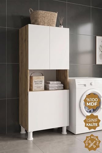 Kirli Çamaşır Sepetli Banyo Kiler Çok Amaçlı Dolap Atlantik Çam-Beyaz