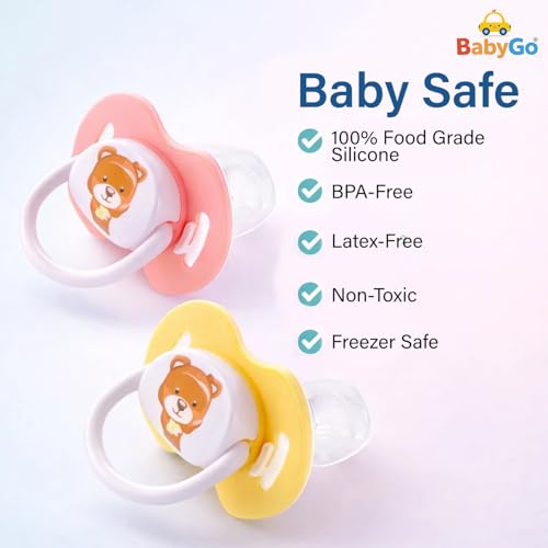 Image of BabyGo Baby Silicone Pacifier Teether for Babies | Soft Nipple | Easy to Clean | BPA Free Pacifier with Airflow Shield | Comfortable Daily Use | 0-18 Months (Pack of 4)