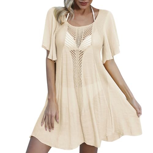 Vestido de playa tejido y calado estilo europeo falda asimétrica beige