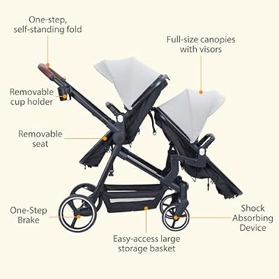 Tandem Stroller, Double Bassinet Stroller for Newborn and Toddler Twins, Reversible Seat Adjustable Canopy, One-Hand Fold Frame with Large Storage Basket, Light Gray