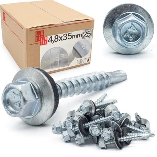 Lun Fix Lot de 250 vis à tôle trapézoïdale - 4,8 x 35 mm - Argentées galvanisées - Vis étanches avec rondelle d'étanchéité - Vis auto-foreuses avec joint d'étanchéité - Vis autoperceuses pour tôles de