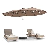 COSTWAY Doppelsonnenschirm mit Ständer und LED-Solar-Beleuchtung, 450 x 260 cm, Sonnenschirm Groß XXL, UPF 50+, Gartenschirm mit Kurbel, Terrassenschirm, Marktschirm für Garten, Terrasse (Braun)