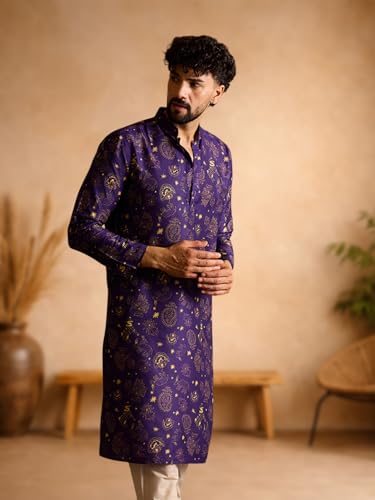 Image of Amazon Brand - Tavasya Men Silk Blend Ethnic Motif Printed Embellished Long Kurta | Regular Fit | Ethnic Wear | Full Sleeve