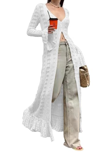 Women's Hollow Maxi Crochet Cardigans Flared Sleeve Long Casual Knit Vacation Open Front Lightweight Cover Up