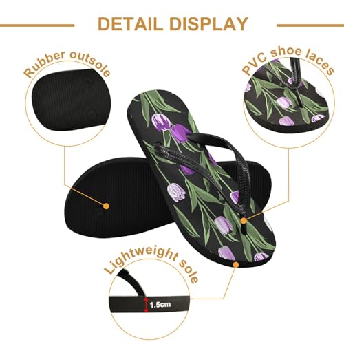 Sinestour Purple Flower Black Flip Flops for Beach Thong Sandals Anti-slip Lightweight Flat Slippers for Summer Travel Swim3