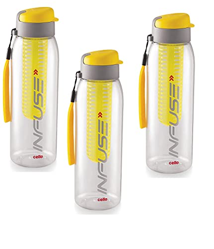 CELLO Infuse Water Bottle Set of 3, 800ml, Yellow | Food Grade Unbreakable Detox Bottle with Infuser Chamber | Reusable Leakproof Lightweight Easy to 