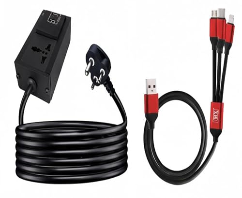 Image of MX Single Socket Extension Board 10 Meter, 6A-13A, 2 USB Ports (5V /2.4A) with 3-in-1 Charging Cable - Power Extension Cord & Fast Charging Cable