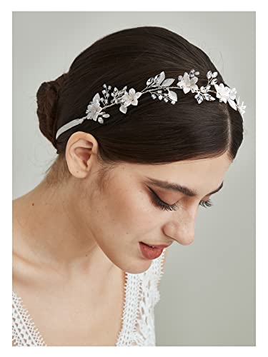 Sweetv Handmade Bridal Headband Silver Wedding Hair Accessories For Brides Hair Pieces Floral Wedding Headpieces For Flower Girl Bridesmaid #TOP4