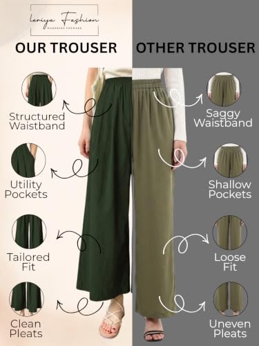 Image of Leriya Fashion Women High Waist Wide Leg Trousers | Casual & Formal Poly Cotton Pants for Women | Loose Fit Track Pants | Relaxed Fit Pleated Trousers for Casual & Semi-Formal Wear