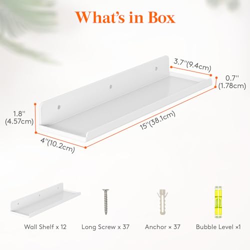 Image of Lifewit Acrylic Floating Shelves for Wall 14 inch White, 12 Pack | Wall Mounted Display Shelf for Figure, Car, Art, Book, Perfume Organizer for Bedroom, Living Room, Nursery Decor