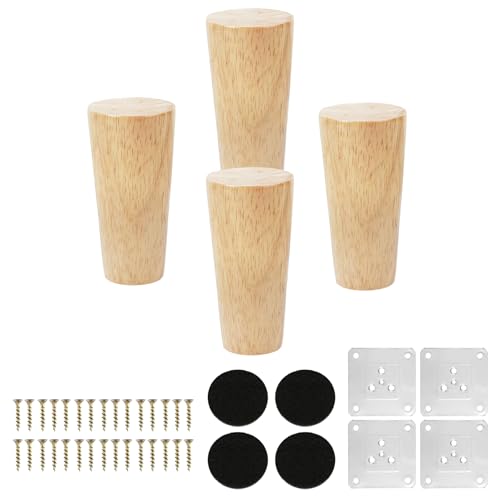 KINDPMA 4 Piezas 10cm Patas para Muebles Madera Roble Cónicas Patas de Mesa de Madera Patas para Sofas con Tornillos y Placa de Montaje para Cama,Sillón,Gabinete de TV, Armario
