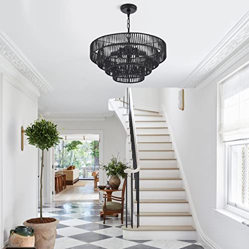 ELYCCUPA 20” Hand-Woven Rattan Chandelier 6-Lights Transitional Minimalist 4 Round Boho Large Pendant Light for Kitchen Island Dining Room Living Room Hallway, Matte Black, UL Listed by ELYCCUPA - Image 7