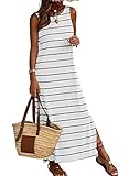 BLENCOT Women's Summer Sleeveless Striped Racerback Long Dress Casual Beach Maxi Tank Dresses White M