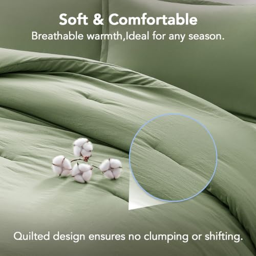Image of King Comforter Set Prewashed Lightweight Quilted Bedding for All Season | 3PCS Sage Green Breathable Down Alternative Bedding Set with 1 Solid Comforter (104 inchx90 inch) and 2 Soft Pillowcases